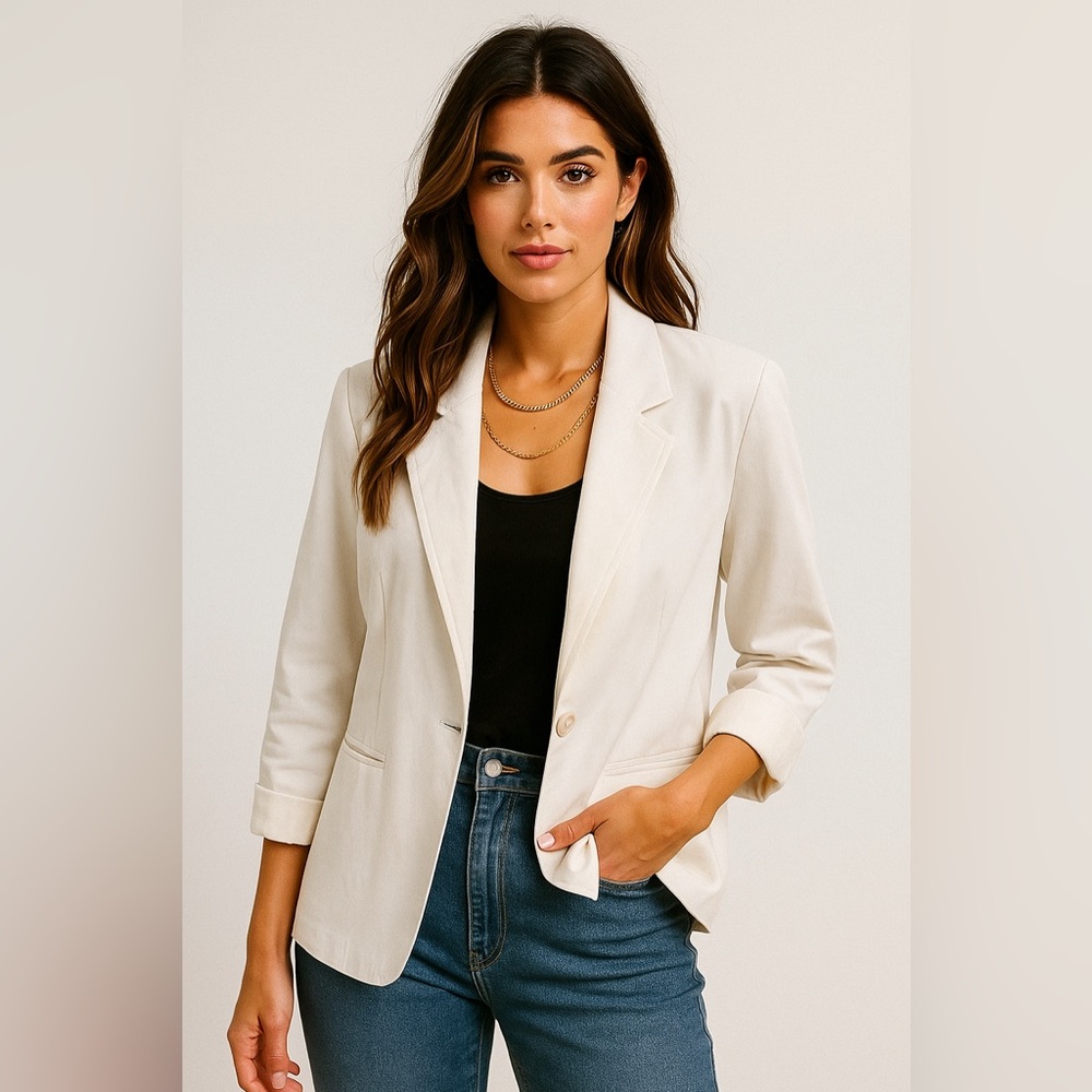 Vintage Sag Harbor White Blazer 12P Petite 80s 90s Shoulder Pads Career Jacket